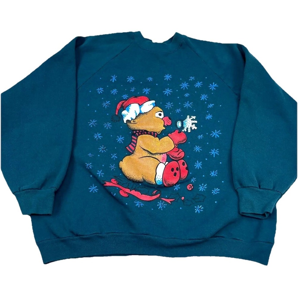 Vintage Christmas Sweater Women XL Green Crew Neck Sweatshirt USA 90s Bear 50/50